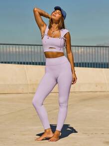 Aralina Áo ba lỗ thể thao hàng ngày thiết kế khoét rỗng màu trơn dành cho nữ buộc dây phía trước - Màu Lilac Tím - Xem 7