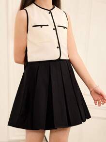 SHEIN Tween Girls Black Pleated Skirt With Oversized Bow Back Design, Casual