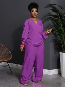 Slaydiva Conjunto de 2 piezas de talla grande para mujer de estilo occidental, con top de manga larga y pantalones de unicolor morado, cuello con muesca - Morado - Ver 4