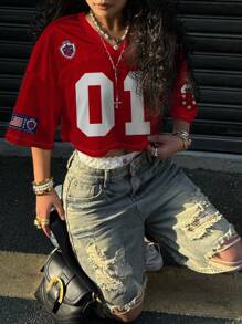 SHEIN EZwear 女士休闲 V 领宽松短款 5 袖网眼 T 恤，适合夏季和运动比赛，数字 01 印花