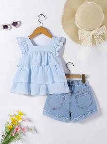 2pcs/Set Girls Versatile Summer Cute Lady-Like Embroidery Outfit - Baby Blue - View 2