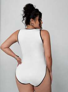 Elenzga Body elegante de punto blanco con cuello en V profundo y decoración de lazo para mujer talla grande, ajuste ceñido - Blanco - Ver 2