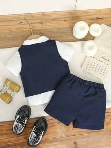 Souflis Souflis 男婴夏季绅士装套装 - 蝴蝶结短袖衬衫 + 双排扣背心 + 休闲短裤，3 件套，时尚优雅，适合生日派对、宴会、婚礼、戒指持有人、花童 - 彩色 - 查看 2