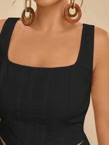 Travachic Plus Size Solid Color Square Neck Sleeveless Top And Pocket Decorated Pants Set, Casual,Summer Outfits For Women - Black - View 6