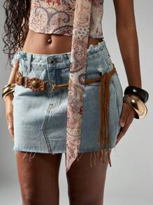MISSGUIDED 破洞牛仔迷你裙节日西部磨损下摆毛边夏季春季沙漠女牛仔复古风格高腰经典 - 藍色 - 查看 4