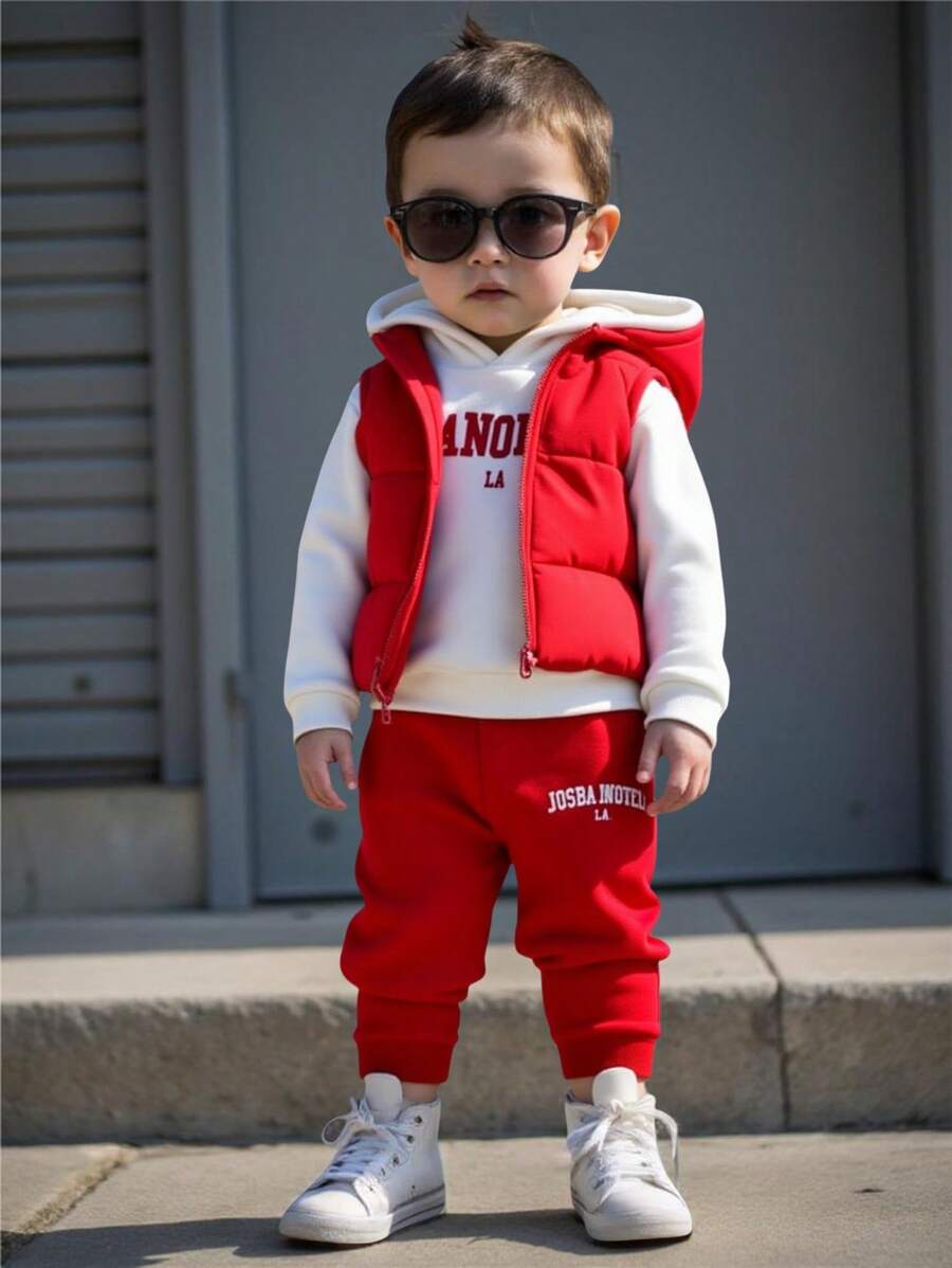 SHEIN Leap Crew 男宝宝休闲百搭红白加垫背心外套连帽运动衫和长裤 3 件套，宽松版型，适合秋冬季户外活动 - 紅白色 - 查看 1