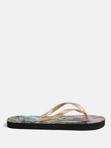 Grefit Sandal Jepit Datar Wanita Bermotif, Nyaman & Elastis, Cocok untuk di Rumah, Pantai, dan Liburan - Hitam - View 2
