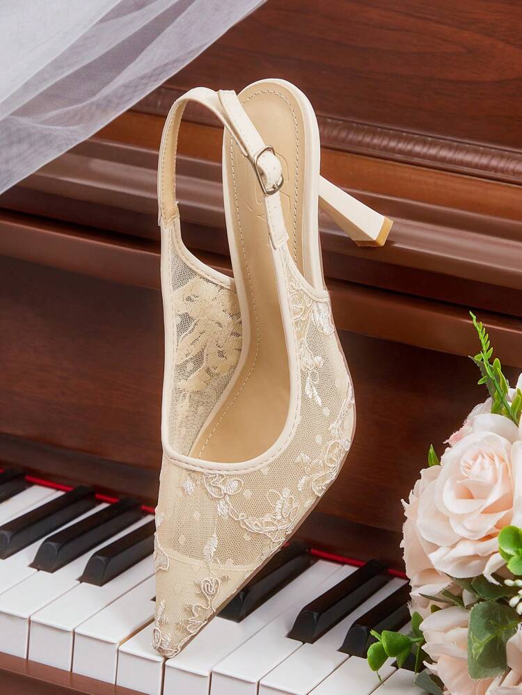 CUCCOO HITCHD Women's Embroidered Lace Pointed Toe High Heel Shoes, Elegant And Romantic Mesh Champagne Bridal Wedding Party Heeled Sandals For Summer For Christmas Elegant Shoes Wedding Shoes Summer Shoes Bride Shoes