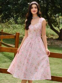 Vintamour Retro Elegant Women Floral Print Relaxed Fit Swing Dress, Loose Fit With Wide Straps, Pink Umbrella Hem Summer Sun Dress Mother Day Outfit Mother Day Dress Summer Dress Graduation Dress Sun Dresses For Women Wedding Guest Dress Women Vacation Outfits Women Birthday Dresses For Women Floral Dress Women Festival Outfits For Women Teacher Outfits For Women