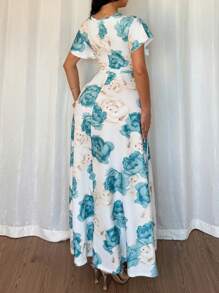 SHEIN VCAY Women's Floral Print Ruffle V Neck Maxi Dress , Spring & Summer - Green - View 2