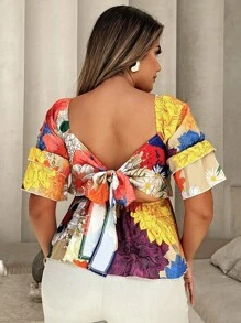 SHEIN LUNE 夏季女士随机印花性感方领女式衬衫 - 彩色 - 查看 2