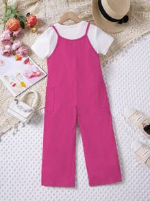 SHEIN Young Girl Summer Casual Solid Color Dual Pocket Jumpsuit - Hot Pink - View 2