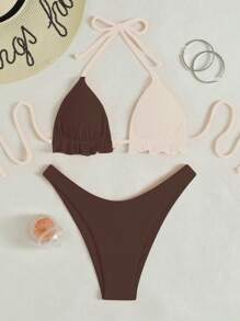 Swim Basics Contrast Color Halter Wireless Split Bikini Swimwear, Suitable For Summer Beach - Brown - View 5