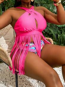 Slaydiva Sexy Halter Fringe Plus Size Bikini Crop Top For Summer Beach Vacation - Hot Pink - View 3