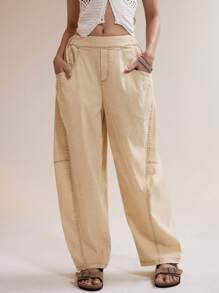 Easelle Quần dài nữ dài tay màu xanh lá cây, dáng suông, dáng cong, thoải mái, giặt axit - xanh quân đội - Xem 2