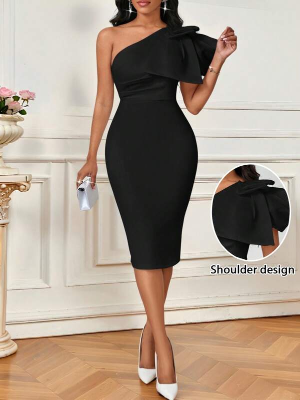 SHEIN Lady Rochii elegante de culoare albă de primăvară și vară pentru femei de ziua îndrăgostiților rochie de bal pentru petrecere rochie pentru invitați la nuntă rochie de revelion femei rochie de aniversare ținute pentru femei femei design cu fundă mare cu umăr oblic rochie scurtă casual slim-fit
