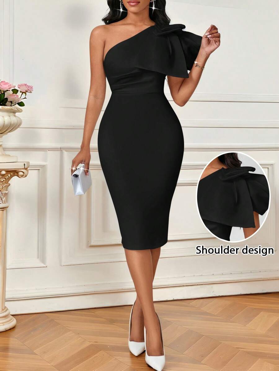 SHEIN Lady 春夏优雅白色连衣裙女士情人节派对舞会礼服婚礼宾客礼服女士新年礼服女士生日服装女士大蝴蝶结设计斜肩修身短款休闲连衣裙 - 黑色 - 查看 1