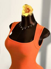 Amplova Women's Orange Knitted Mini Dress: Sleeveless, Square Neck, Backless, And Semi-Sheer Bodycon Dress For A Stylish Look