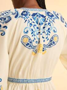 CAJUNI Women's Boho Tropical Print V-Neck Puff Sleeve Cinch Waist Vacation Dress - Multicolor - View 7