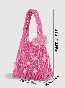 ROMWE Fairycore 1pc Fashionable Personalized Spring/Summer Beach Vacation Style Orange Ocean Woven Beach Bag, Large Size Women Handbag - Multicolor - View 2