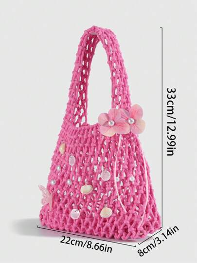 Fairycore 1pc Fashionable Personalized Spring/Summer Beach Vacation Style Orange Ocean Woven Beach Bag, Large Size Women Handbag