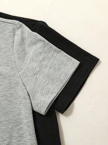 SHEIN 青少年男孩 4 件套简约图案印花圆领短袖 T 恤和格子图案宽松休闲睡裤 - 黑色 - 查看 5