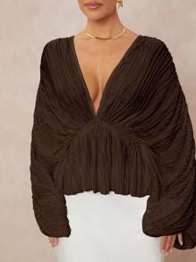 Lumalex 女式宽松深V领超大荷叶边下摆衬衫 - 巧克力棕 - 查看 4