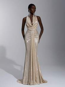 Elitara Elegant, Romantic, Sexy, Minimalist, Light Gold, Layered Fabric, Stretchy, Off-The-Shoulder, Backless, Tight-Fitting, Low-Cut, Fishtail Hem, Train, Fashion, Influencer, Festival, Holiday, Birthday Party, Wedding Event, Prom Dress, Bridesmaid Dresses, Formal Dinner Dress - Apricot - View 3