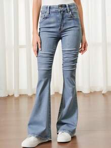 DENIMLY TWEEN GIRL 复古街头酷炫少女低腰喇叭牛仔裤 - 淺色水洗藍 - 查看 3