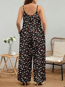 EMERY ROSE Plus Size Ditsy Floral Allover Print Loose Jumpsuit With Spaghetti Straps, Suitable For Spring/Summer Vacation,Flower - Multicolor - View 2