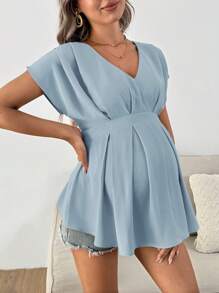 SHEIN Camisa de maternidad de cuello en V, de unicolor, moderna para el verano - Azul - Ver 6