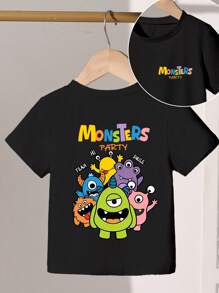 Young Boy Monster Family Cartoon Print Short Sleeve T-Shirt - Black - View 3