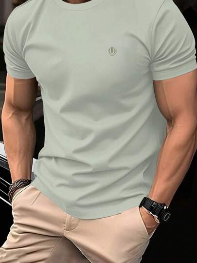 Manfinity Homme Camiseta de manga corta de cuello redondo de unicolor y ajuste ceñido para hombre, de moda para el verano