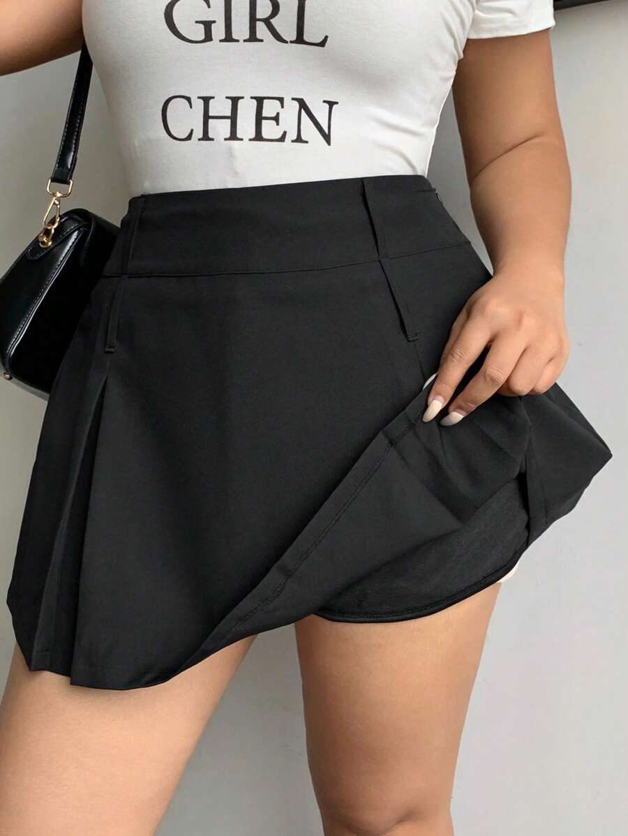 Dazy Plus Solid Color Pleated Double-Waist Decor Cropped Mini Skirt Women Plus Clothing Shorts