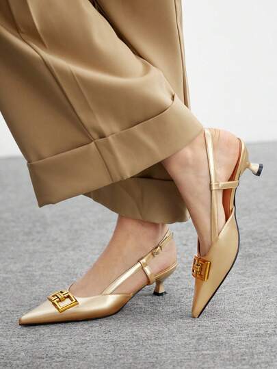 CUCCOO BIZCHIC Fashion Pointed Toe Women Pumps With Chain & Cutout Backless Design, Kitten Heel High Heel Dress Shoes For Work For Christmas Valentine's Day