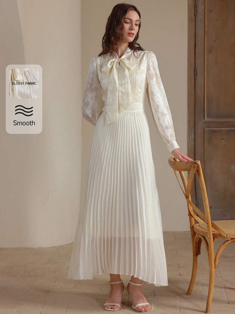 Vacation Elegant Pleated Bowknot & Glossy Fabric Patchwork Dress, New Year, Valentine's Day, Modest Wedding Guest Outfit For Women
