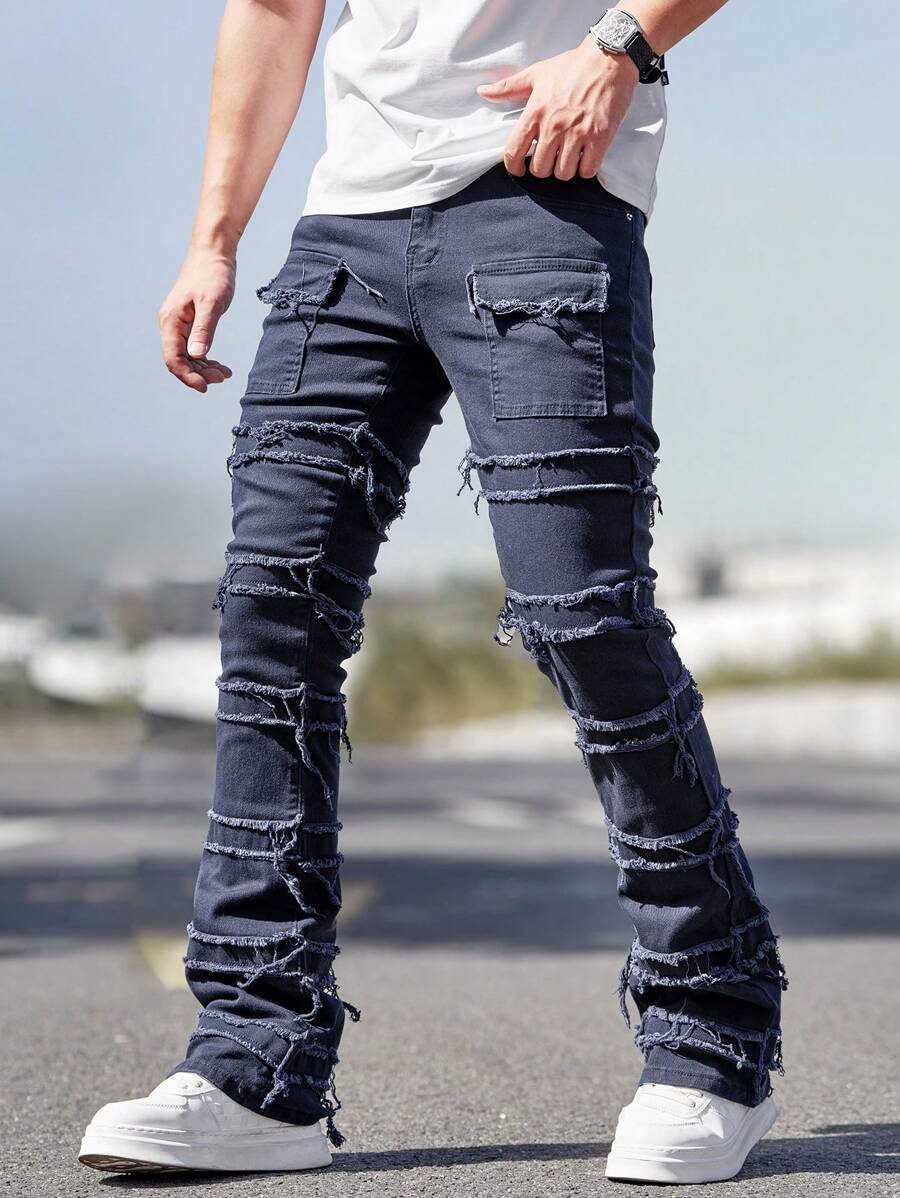 Manfinity Homme Men's Denim Skinny Hoof Cargo Jeans, Fashionable For Summer - Navy Blue - View 1