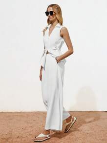 Lumivelle Bộ vest mới cho nữ/Trang trí dây đeo khóa kim loại không tay ve áo phong cách tối giản áo vest đen + quần vest đen bộ 2 món - trắng - Xem 7