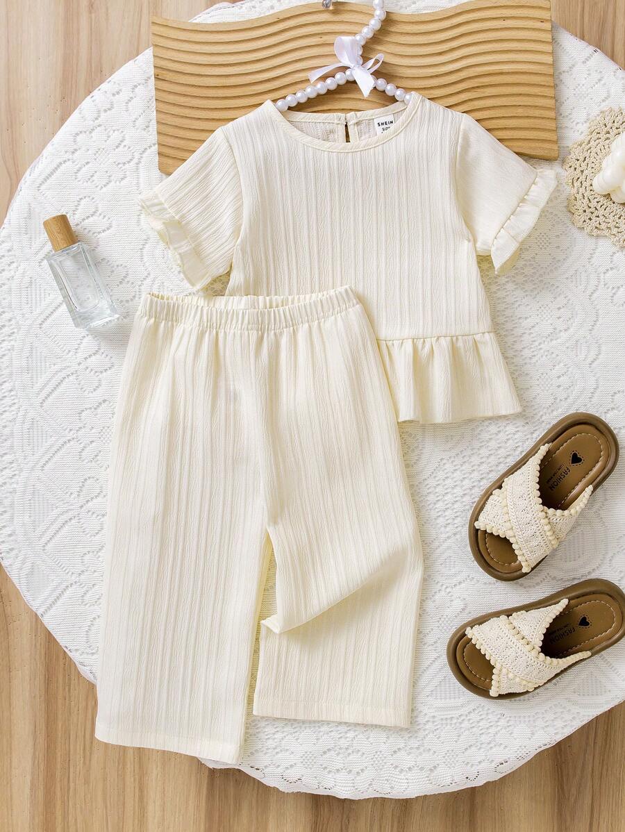 SHEIN Playful Pals Baby Girls' Simple Apricot Casual Round Neck Ruffle Sleeve Top And Pants 2 Pieces Set - Apricot - View 1