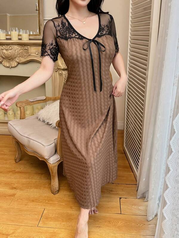 Dream Adore Contrast Color Lace Patchwork Open Shoulder Short Sleeve Jacquard Women Nightdress