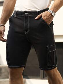 Manfinity Homme Men's Black Washed Denim Cargo Shorts, Streetwear Style Skinny Fit - Black - View 1