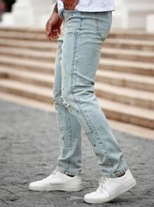 Manfinity EMRG Men's Light Blue Distressed Denim Skinny Jeans, Streetwear Elastic Fit