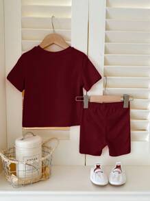 SHEIN Happikins Baby Girl Casual Minimalist Short Sleeve Shorts Set, Suitable For Summer - Burgundy - View 2