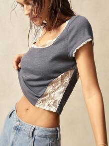 Bohemela Summer BOHO Casual Solid Color Knit Contrast Lace Fitted Short Sleeve Crop Top For Women