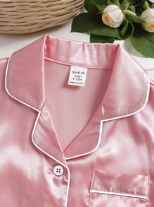 2 件套女婴春夏纯色淡紫色米色短袖上衣和裤子休闲舒适睡衣套装 - 淺粉色 - 查看 4