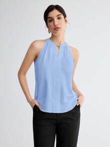 BizChic Elegant Light Blue Summer Tank Top,Halter Neck Keyhole Solid Color Office Blouse,Versatile For Commuting,Daily, 90s Retro,Party,Wedding Guest - Blue - View 5