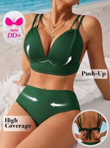 Swim DD+ 2pcs Solid Textured Fabric Halter Neck Wireless Women Minimalist Elegant Vacation Bikini Set For Summer