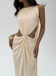 Aloruh 女士优雅婚礼宾客礼服生日派对节日性感仙女裙纯色长裙杏色无袖镂空修身连衣裙 - 杏色 - 查看 4