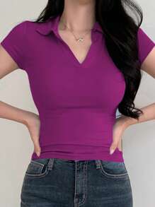 DAZY 女士休闲纯色修身 Polo 领 T 恤，夏季，商务休闲女装