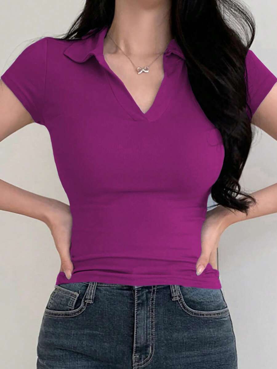 DAZY 女士休闲纯色修身 Polo 领 T 恤，夏季，商务休闲女装